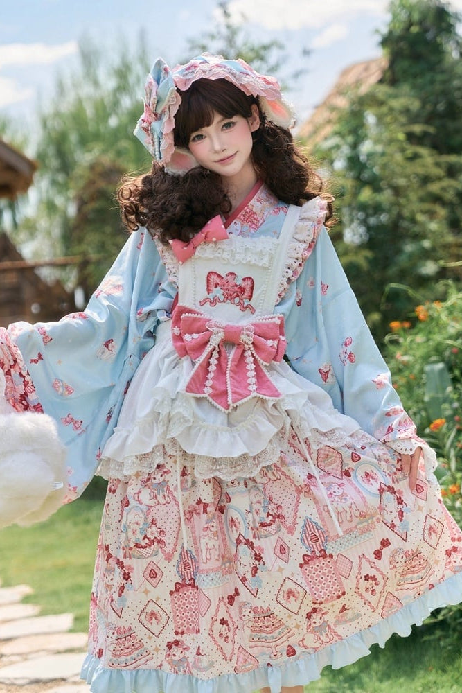 【10月21日予約締切】Pink/Blue Hanfu-inspired Little Lamb Tea Party Lace Wide Sleeve Blouse + Printed Ruffle Skirt + Pleated Mamian Skirt + Strawberry Embroidered Ribbon Lace Apron