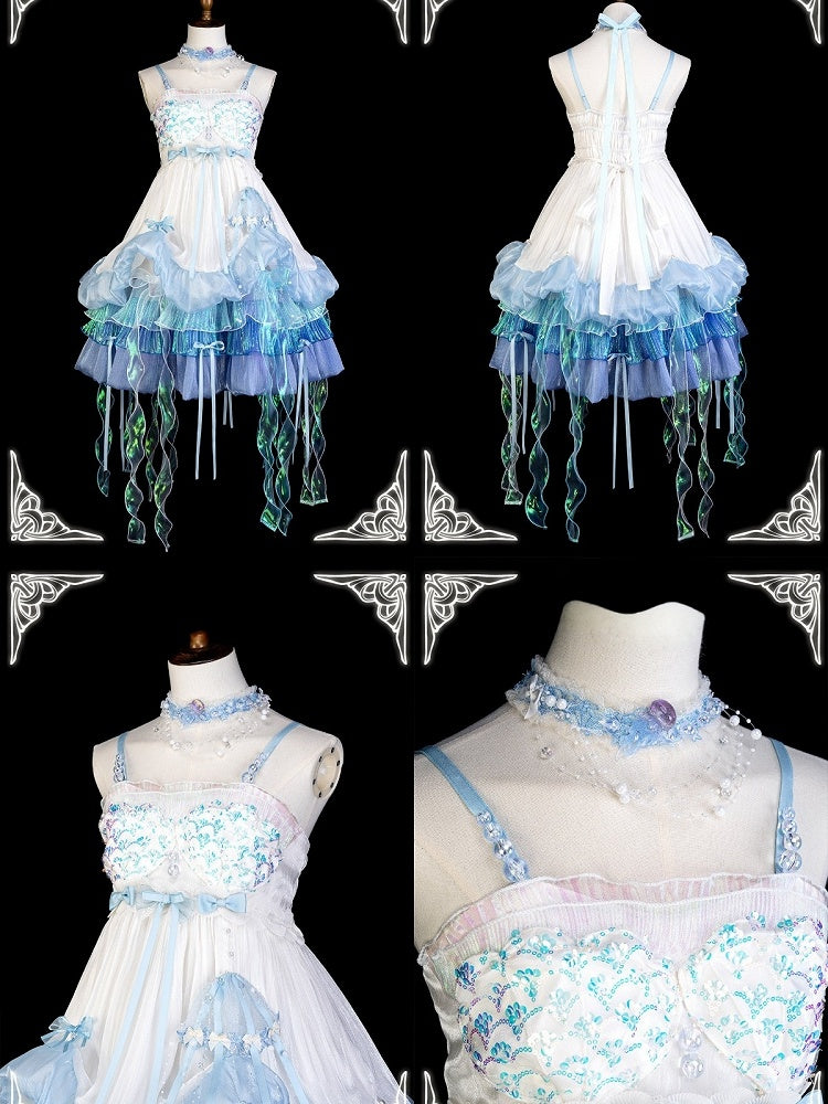 [Date limite de précommande : 1er août] Robe JKS lolita féerique méduse océan blanc x bleu à superpositions avec traîne aurore