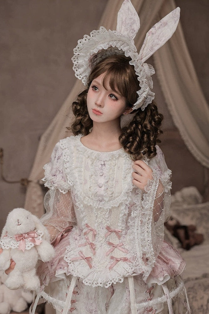 [Date limite de précommande : 6 octobre] Pink Castle Bunny ensemble poupée romantique avec haut corset à manches bouffantes en dentelle + short + surjupe à volants + surjupe cage à oiseaux Set 1/2/3