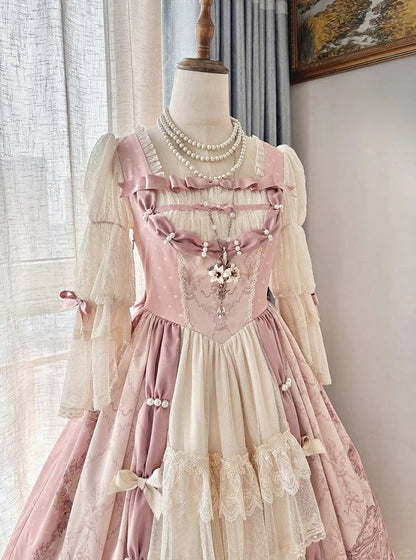 [Pre-order Deadline: April 26] Rococo Antique Lace Tiered Ribbon Pink Lolita Dress + Bonnet