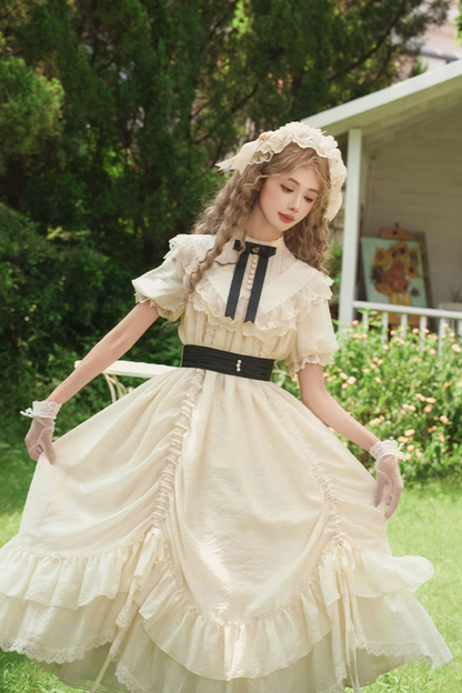 【予約商品】ローズフリルロリータドレス+ドレス＋ベルト＋ブローチ＋リボン＋ヘッドバンド＋スリーブ