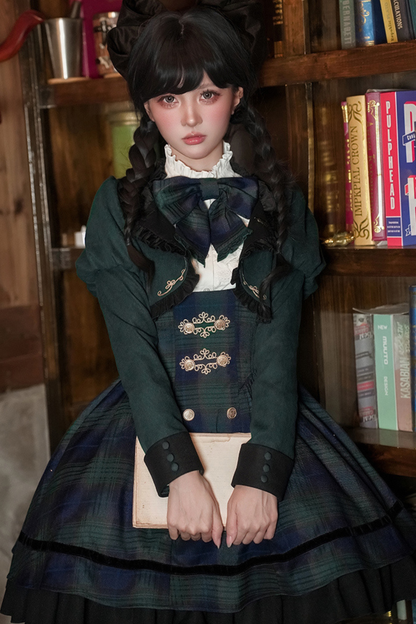 レトロカレッジスタイルチェックロリータスカート＋ジャケット＋マント＋ブラウス＋リボン＋ネックレス