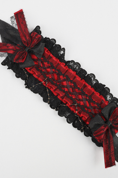 Dark Frilled Lolita Hairband + Flat Hat + Hat Clip + Ribbon Clip + Sleeve