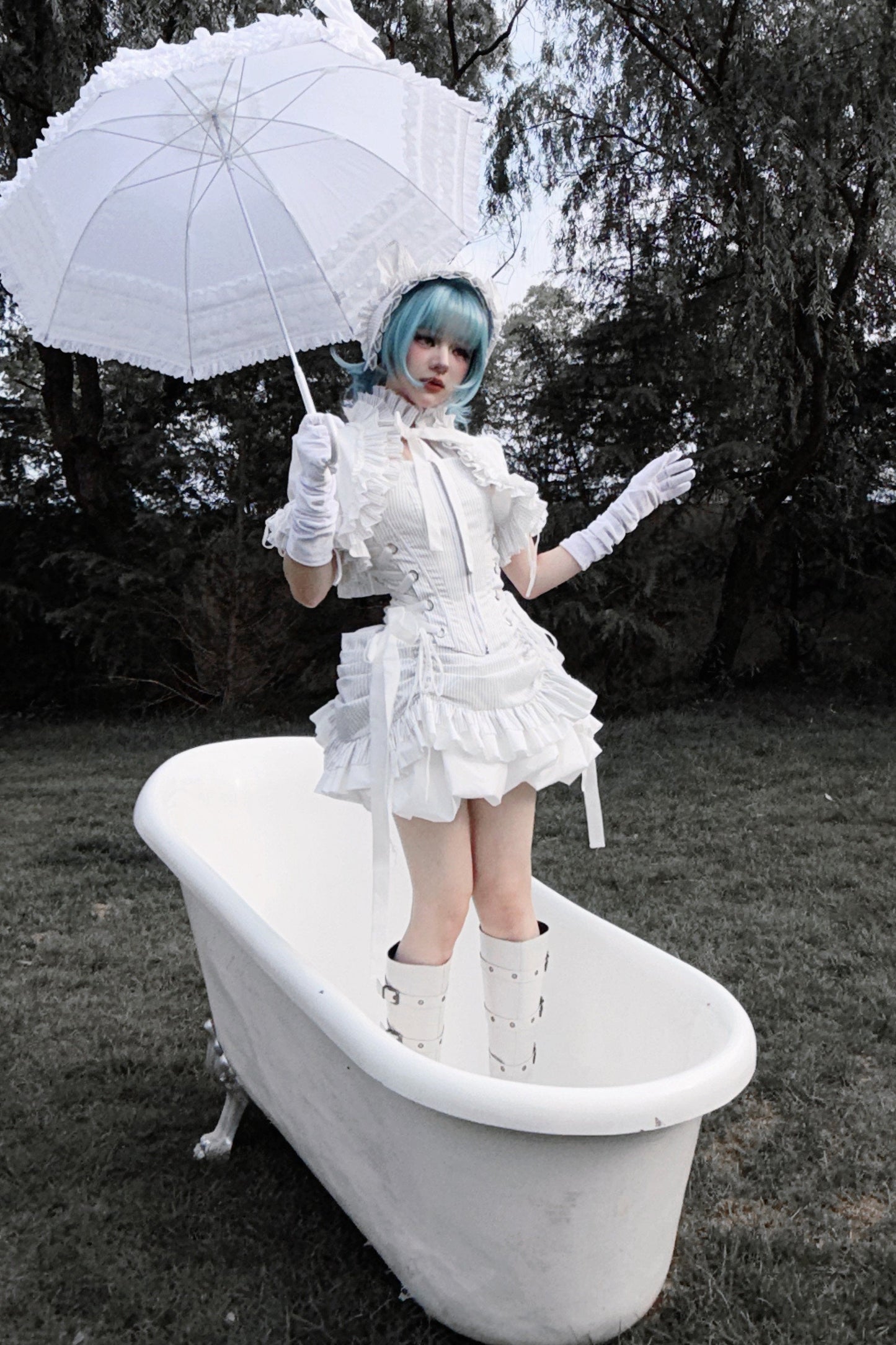 [Vorbestellschluss: 8. August] Gothic-Lolita Dark-Cat gestreifte kurze Rüschenjacke+Korsett-Bustier+hochziehbare kurze Rüschenshorts