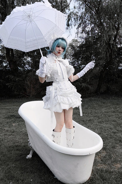 [Vorbestellschluss: 8. August] Gothic-Lolita Dark-Cat gestreifte kurze Rüschenjacke+Korsett-Bustier+hochziehbare kurze Rüschenshorts