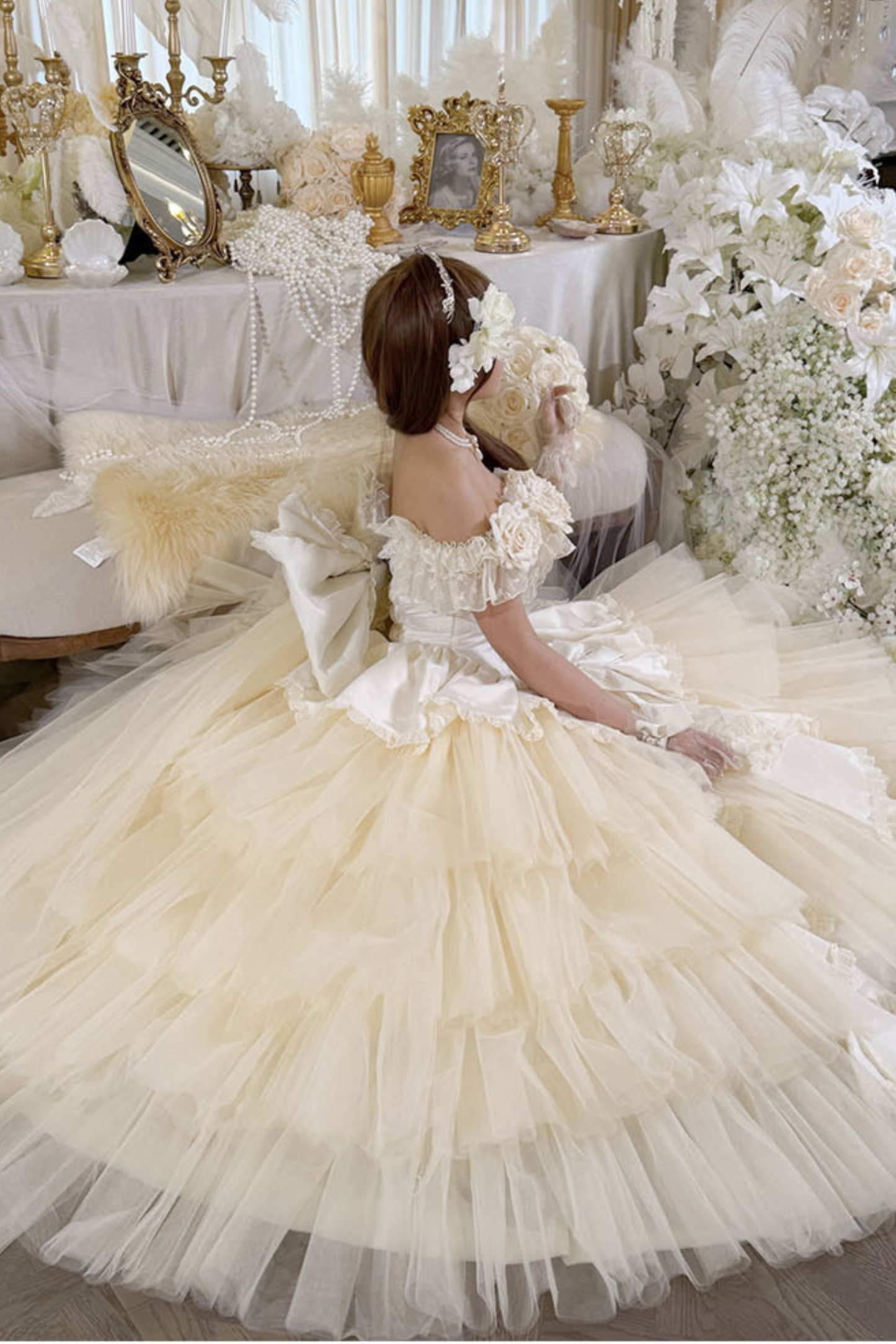 [예약상품] 4월 4일 예약마감]애프리콧 웨딩 로리타 원피스+숄+소매+리본 테일+베일