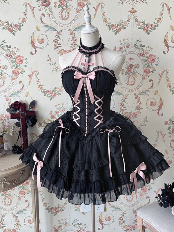 [Fecha límite de reserva: 8 de agosto] Vestido lolita de muñeca con cuello halter cruzado y tutú