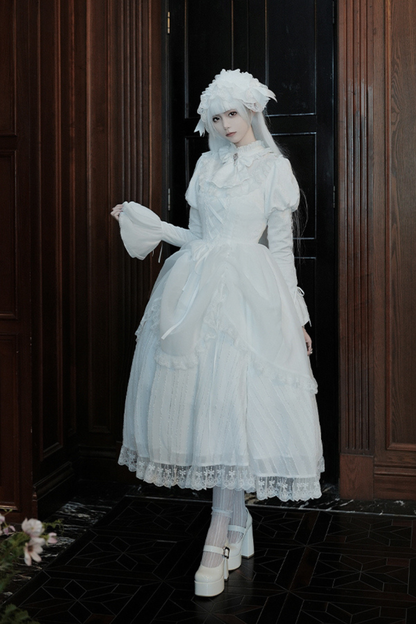 White gothic gemini Lolita dress + corset + ribbon + hair band + veil