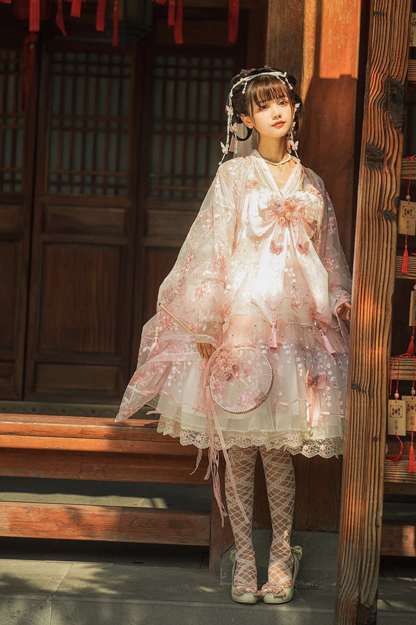 사쿠라 스위트 차이나 로리타 셔츠 + 목걸이 + 리본 + 베일 + 클립