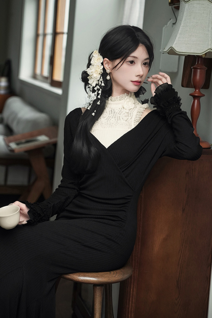 ローVネックニットストレッチスリムワンピース