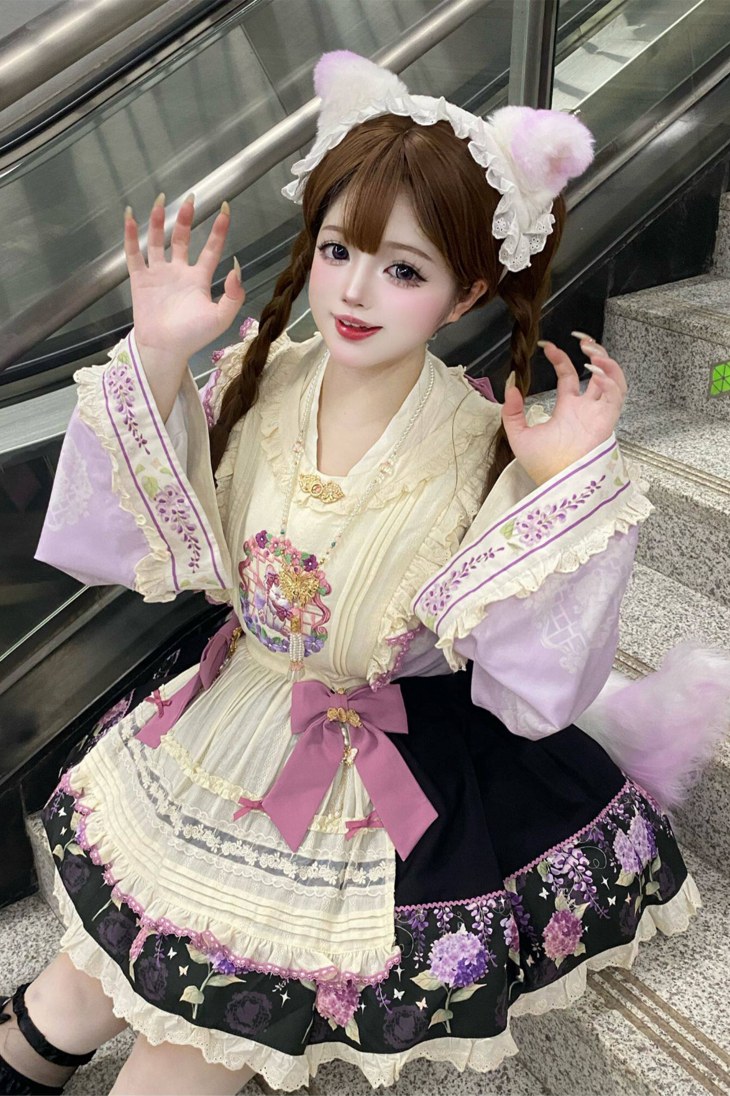 フローラルチャイナロリータトップス+スカート+エプロン+カチューシャ+ボンネット