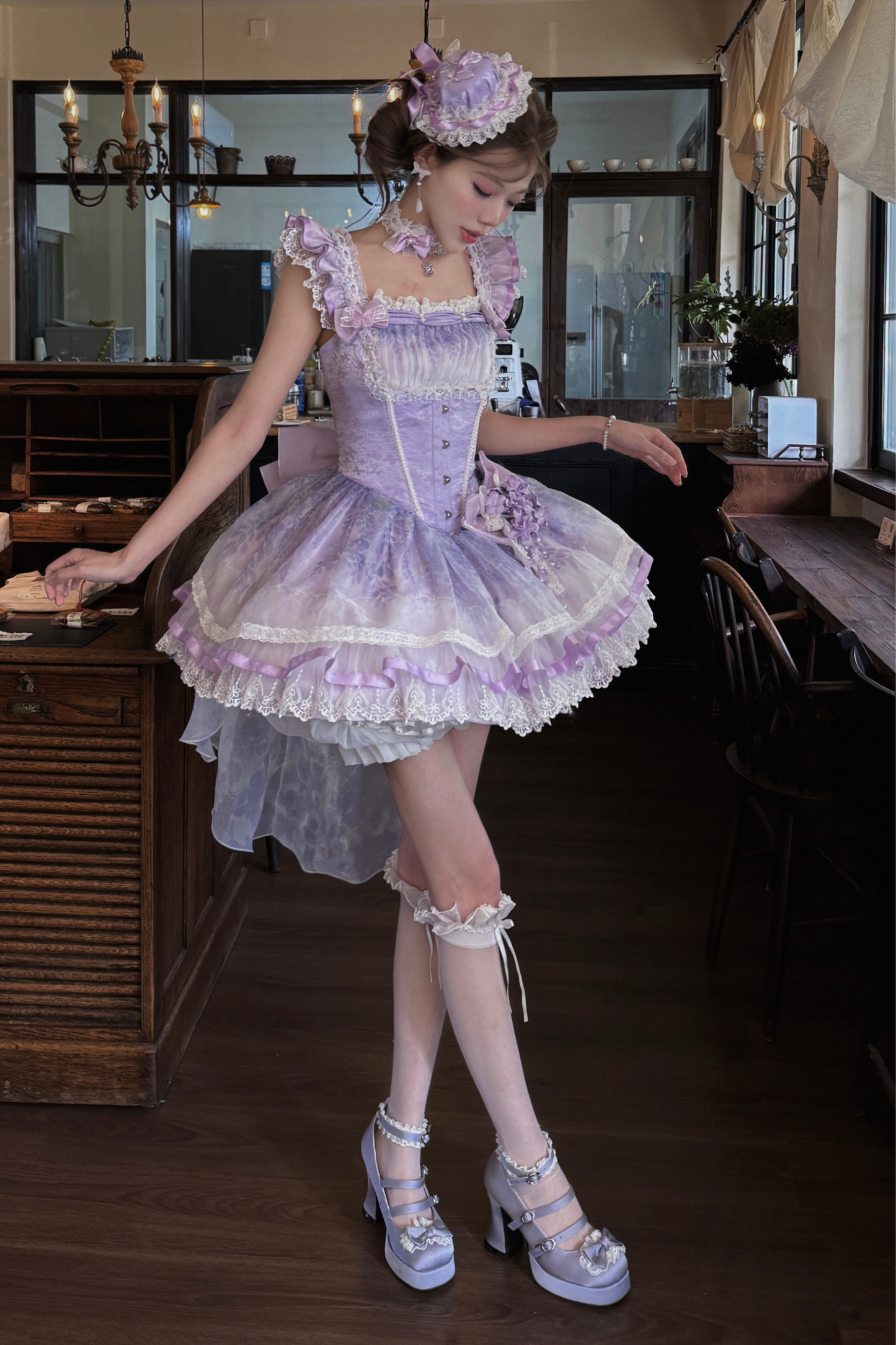 【予約商品】バレエスタイルエレガントドレス+ハット+ヘアバンド+リボンテール