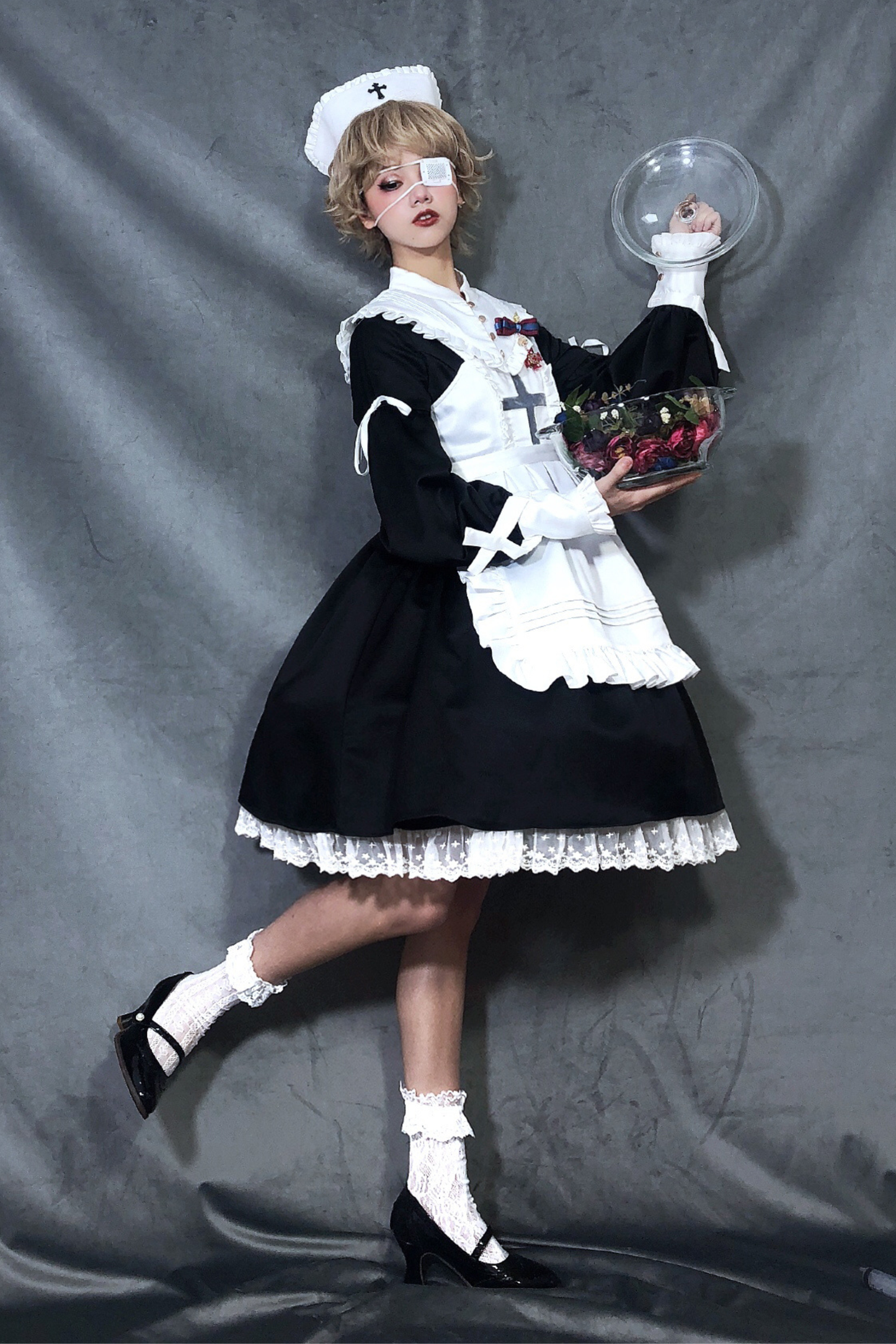 ランタンエンジェルメイドロリータドレス＋エプロン＋つけ襟