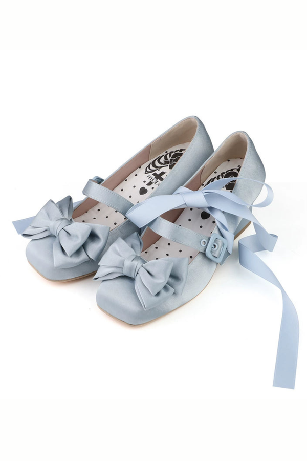 レースアップリボンサテンスクエアトゥシューズ