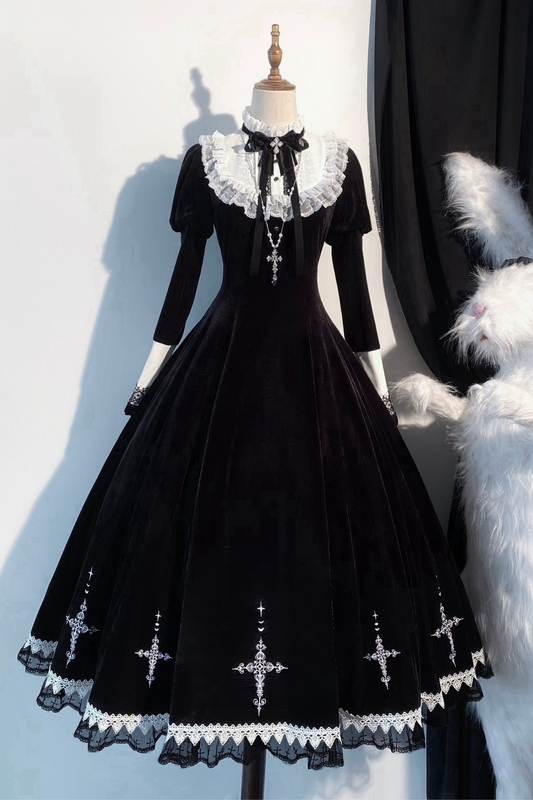 【3月1日予約締切】ムーンクロスジュリエットスリーブブラックベルベットゴシックドレス＋アクセサリー