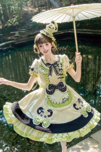 [Pre-order Deadline: October 25] Pink/Green Chinoiserie Lolita Sweet Panda Appliqué Puff Sleeve Polka Dot Bow Apron Dress