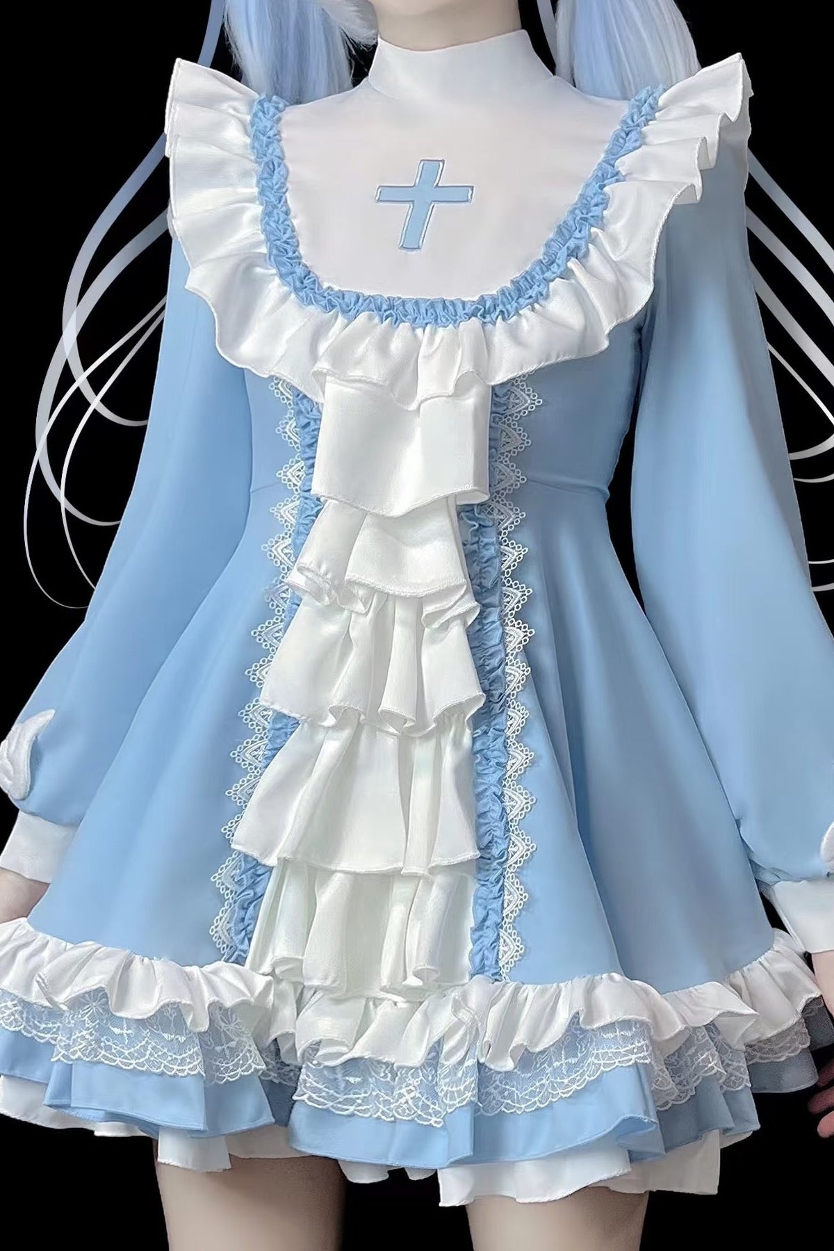 【Angelic Aesthetic👼】Stand Collar Cross Angel Tiered Ribbon Dress