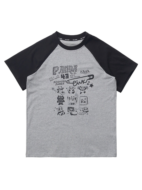 カラーブロックパンダイラストトップス