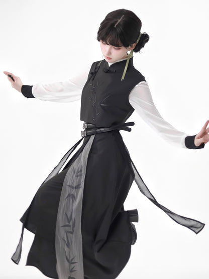 New China Bamboo Print Black White Design Suit