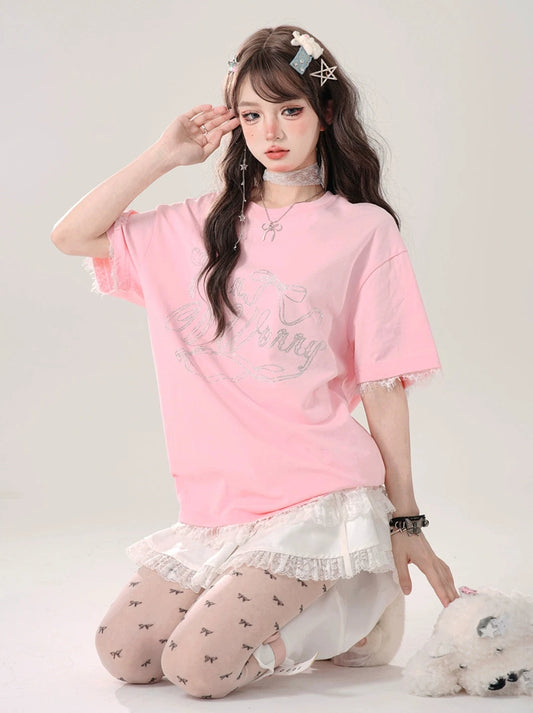 KellyKitty Moon Pink Hibiscus Sweet Short Sleeve T-Shirt Women's Summer Design Lace Loose Slim Top