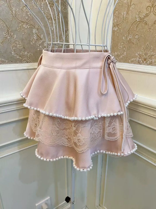 Sweet princess heavy industry bow tie pearl edge puff cake high waist slimming skirt hip culottes