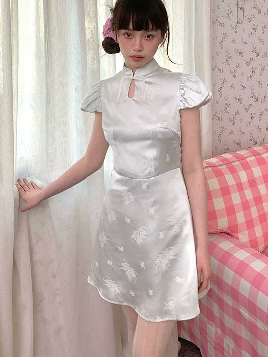 Nanxi Celadon Green Chinese Style Chinese Niang Short Cheongsam Glossy Satin Thin Girl New Chinese Short Sleeve Dress