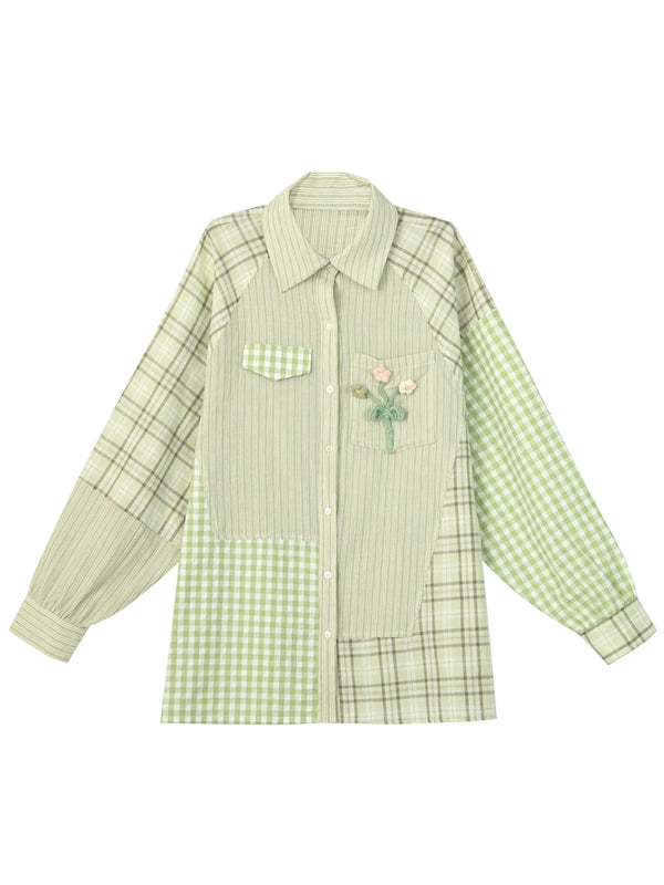 Mint sweet casual check shirt + short knit inner + skirt