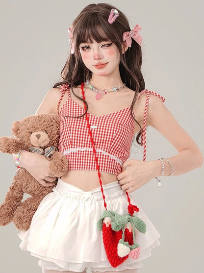 Berry Cheese Check Bow Shoulder Short Camisole