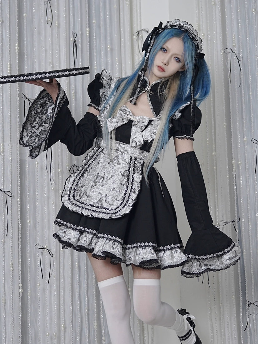 Silver Dragon Maid Gothic Dress + Apron + Arm Covers