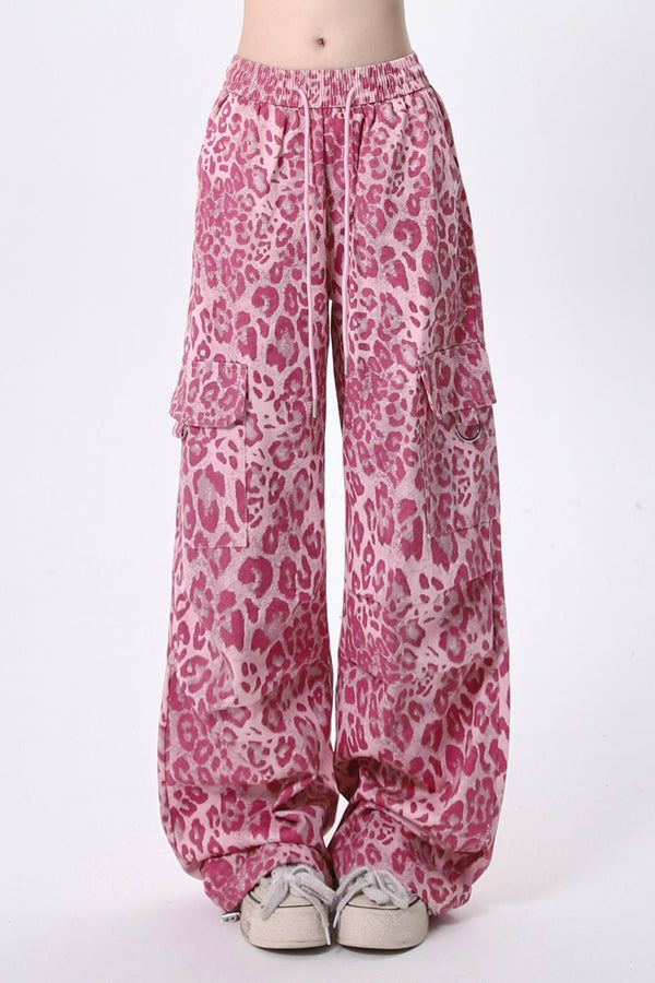 ピンクレオパードプリントカーゴトラックパンツ