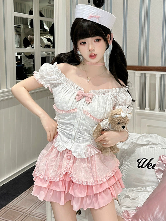 Spring and Summer New] Royal Tea House Peach Cotton Ice Sweet Pure Lust Princess Style Bow Cake Skirt Set