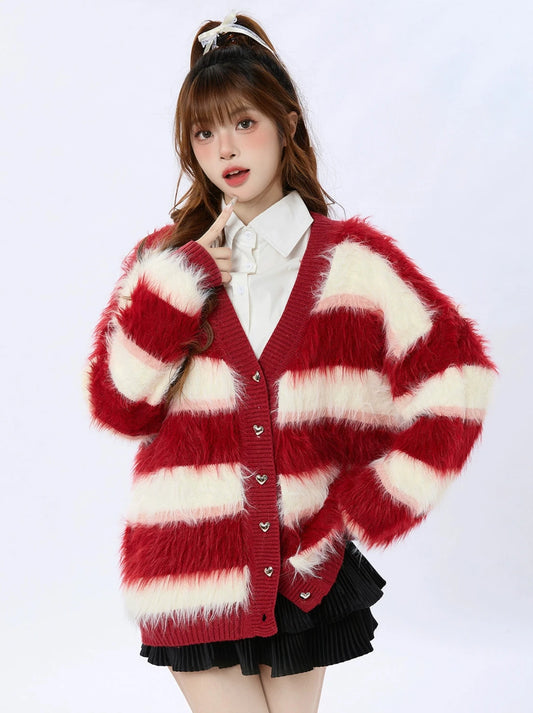 ENJOG Retro Red Striped Sweater Cardigan Women's 2024 New Soft and Versatile New Year White Knit Jacket