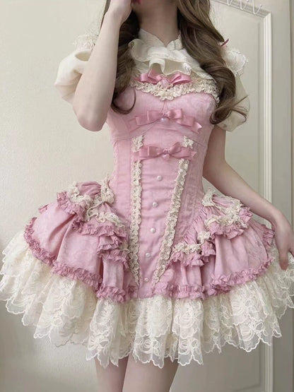 핑크 발레 도그 쇼트 헤링본 JSK 로리타 드레스