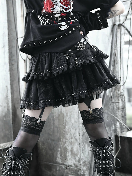 Blood Supply Original ◆ Summer Women's New Punk Leather Buckle Rivet Layer Metal Cake Skirt