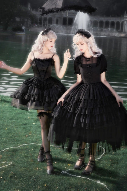 Dark Black Lolita Dress + Inner + Suspender Dress + Veil + Hairband + Belt + Sleeves