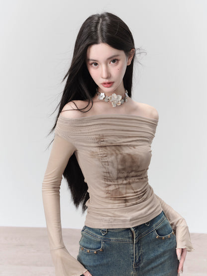 [Spot] Fragile store, withered rose, new sweet and spicy one-shoulder top, slim long-sleeved T-shirt