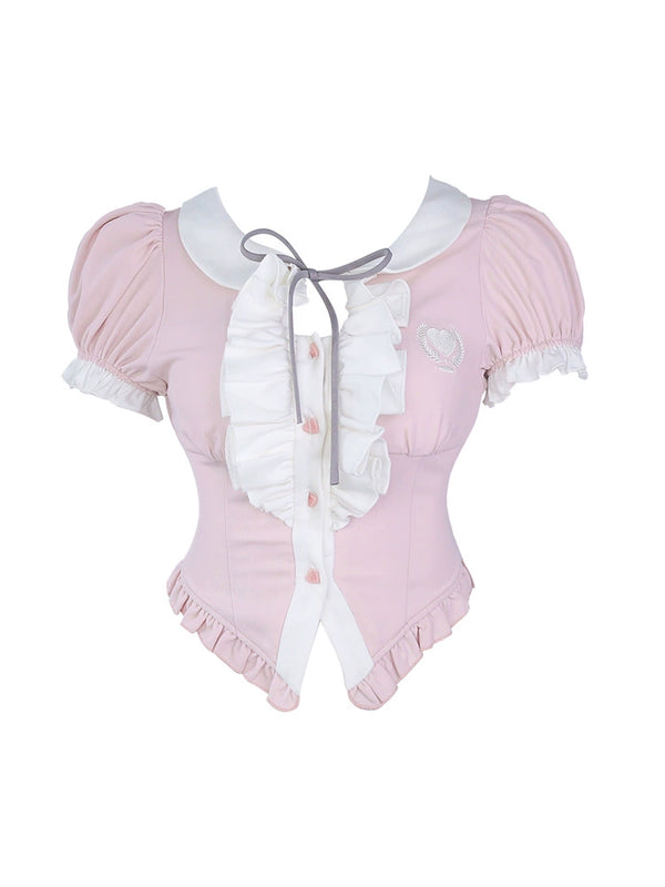 Pink pure ruffle top + gray skirt