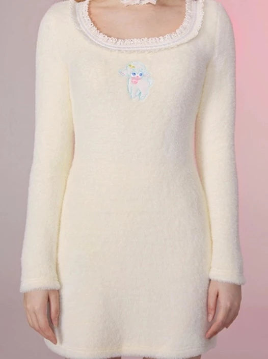 ミンクファーUネックインナーボトムニットワンピース