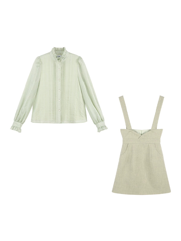 Green shirt + suspender skirt
