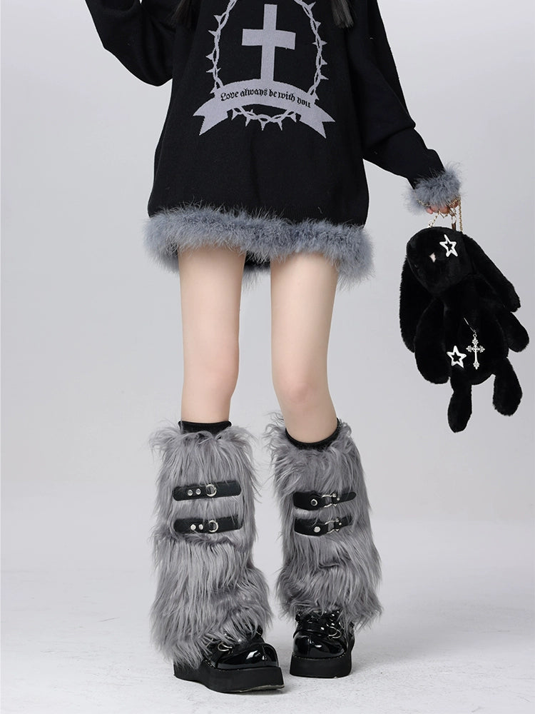 Leather Belt Volume Fur Leg Warmers