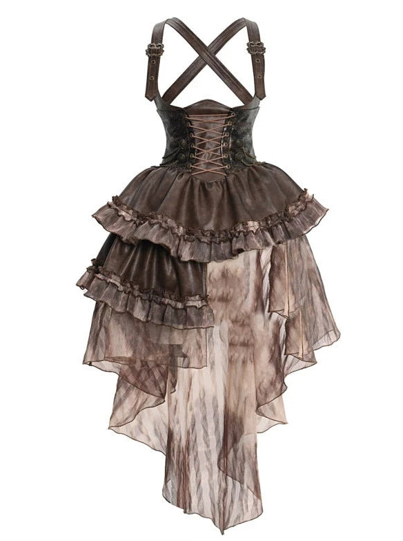 Steampunk Asymmetrical PU Maillard Chest Support Strap Skirt
