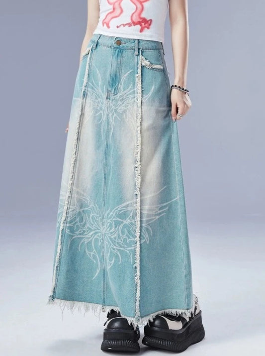 11SH97 Retro denim skirt women's summer new design sense high-waisted slim washed raw-edged A-line midi skirt