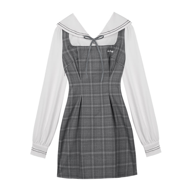 Gray Check Sailor Collar Slim Dress