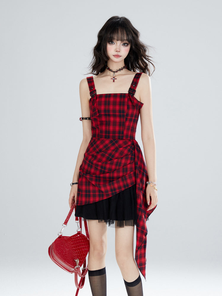 Retro Check Waist Slim Suspender Dress