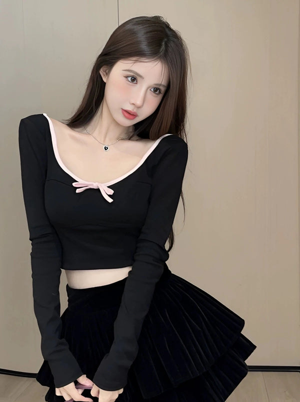 オープンネックリトルリボンタイトトップス