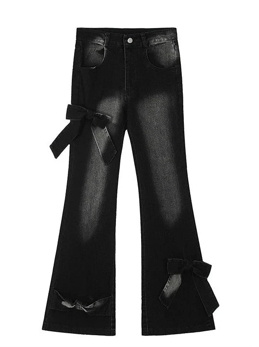 Ribbon design slim flare denim
