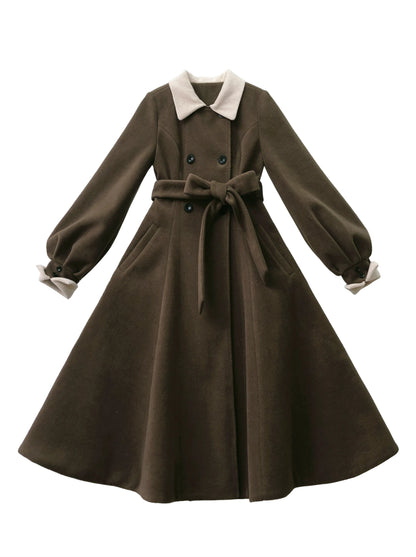 레트로 브라운 체크 볼륨 슬리브 레이어드 드레스 + 진주 리본 액세서리 + 클래식 벨트 코트 [예약상품] [예약상품