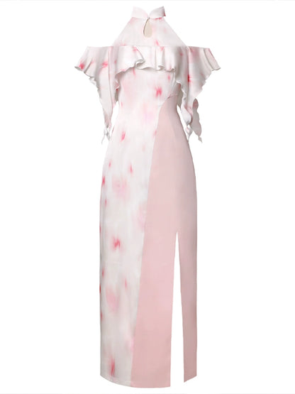 四斤自制经典陶可原创创新中式改良粉色简约日常旗袍印花连衣裙