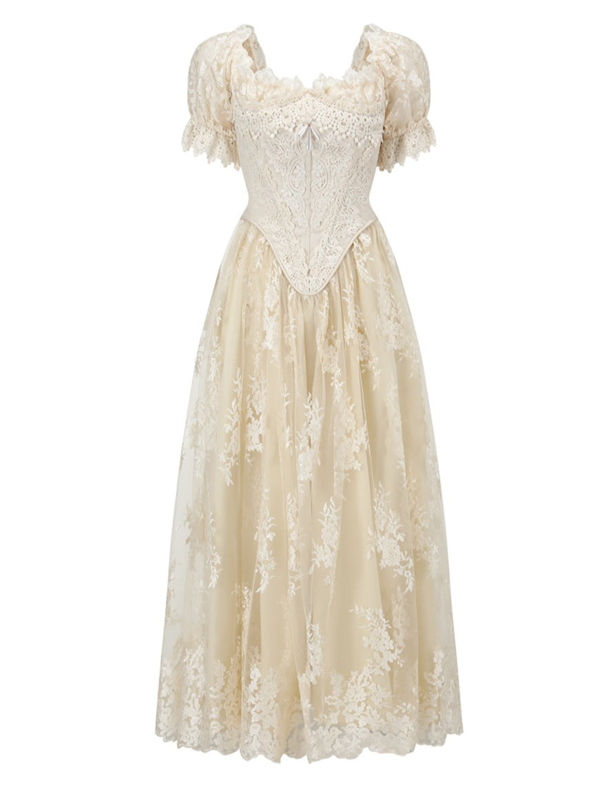 Retro Lace Puff Sleeve Long Dress + Lace Gloves