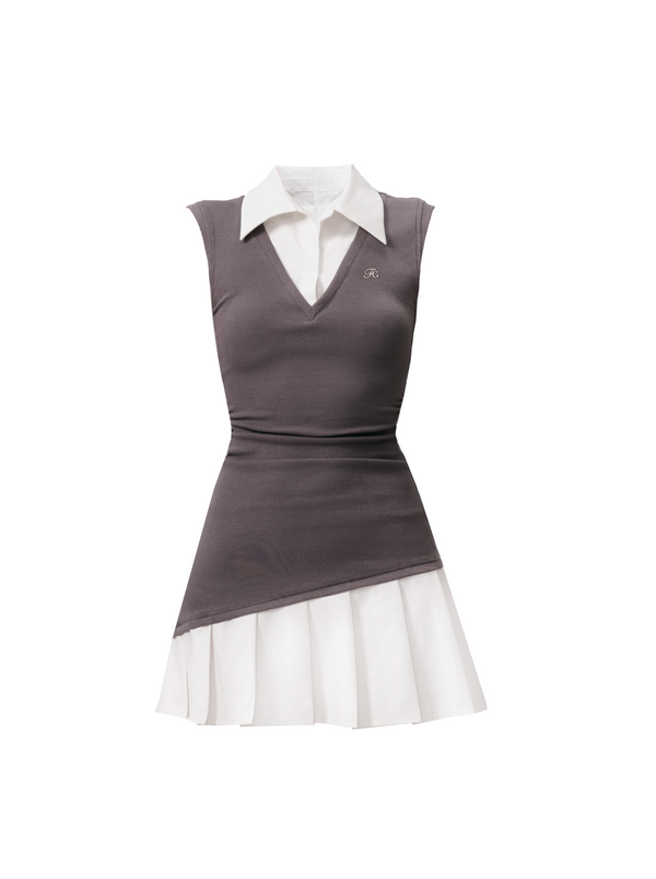 Faux Two Piece Pleated Shirt Vest Dress